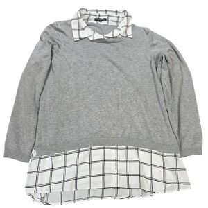 Adrianna Papell Woven Twofer Layered Plaid Sweater Women's Size XL Gray